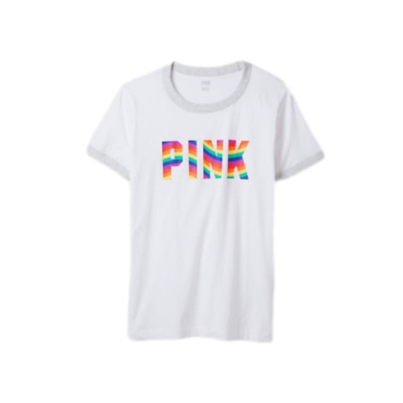 VICTORIA'S‎ SECRET PINK MED COTTON Rainbow CAMPUS RINGER T-SHIRT white NWT - Picture 1 of 7